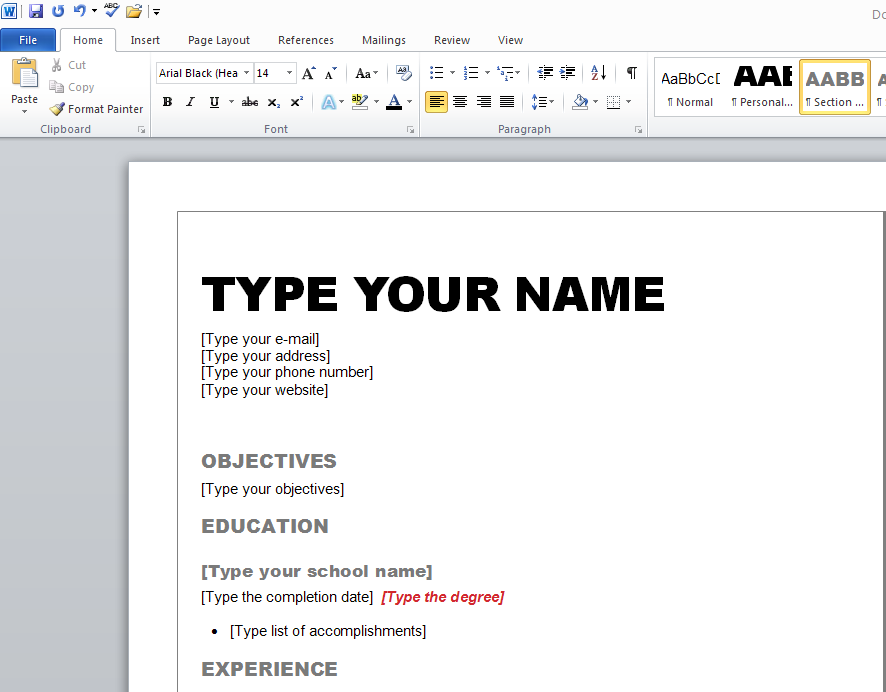 Create a resume in word